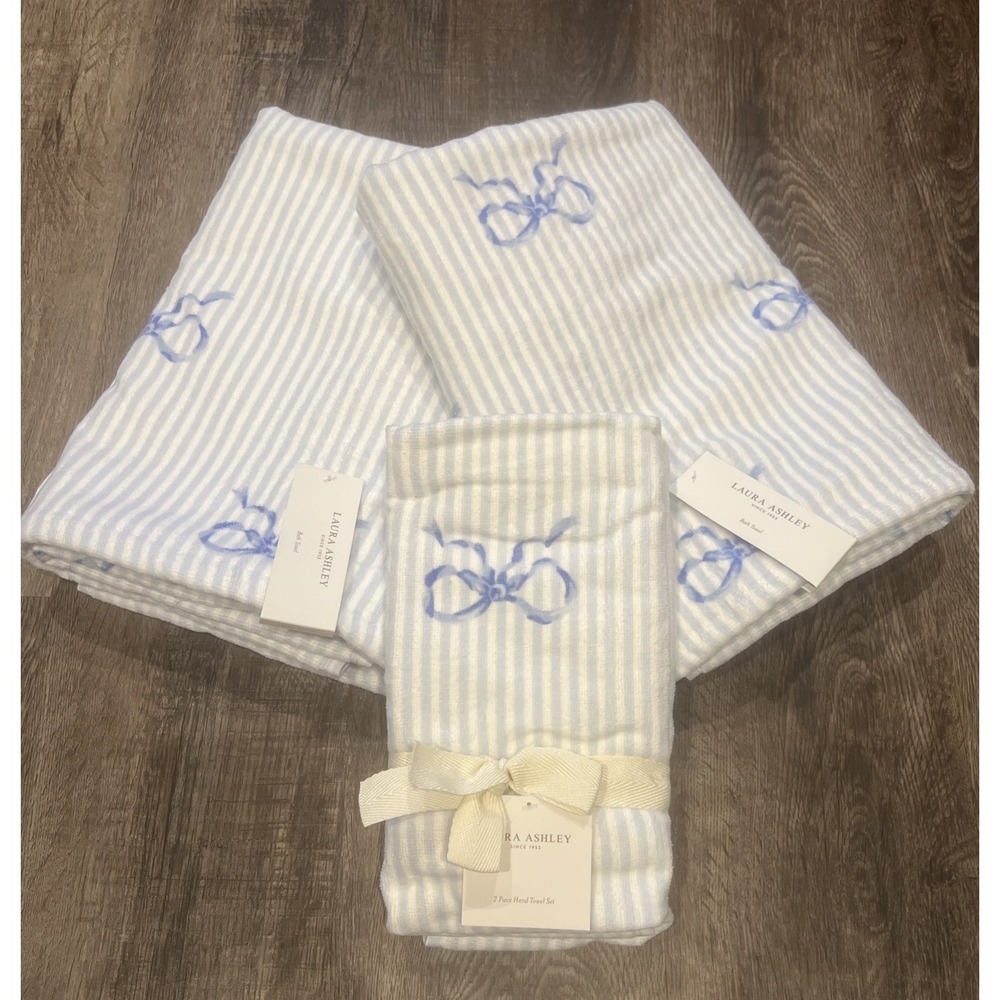 NEW Laura Ashley Floral Striped Cotton Hand Towels (2) and Bath Towels (2)